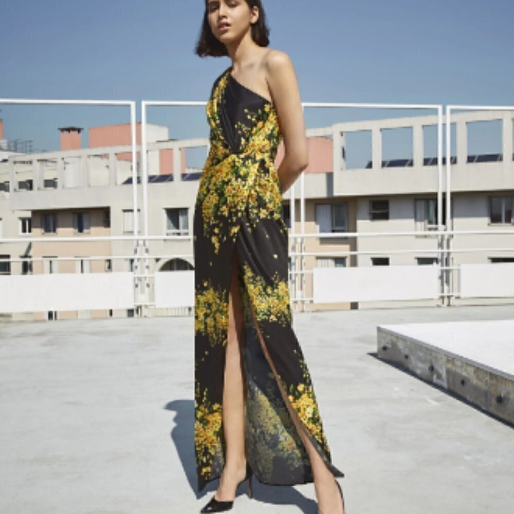 PAULE KA Yellow Floral One Shoulder Dress size FR 44 US 14 (Large) wedding NWT